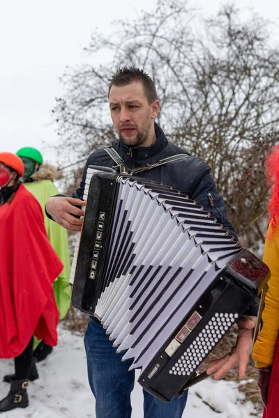 Puklice République Tchèque Février 2020 Des Gens Masqués Assistent Masopust — Photo