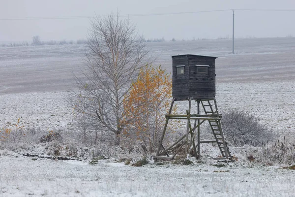 Wooden Hunting Tower Frosty Winter Agricultural Fields Czech Republic Vysocina — Stock Photo, Image