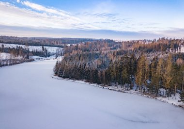 Ormandaki donmuş su deposu karla kaplı güzel kış manzaralı havadan kuş manzarası. Avrupa kırsalında. Çek Cumhuriyeti, Vysocina Highland bölgesi, Avrupa