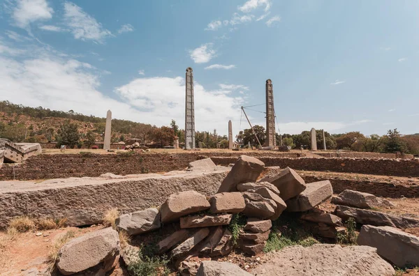 Aksumite Ερείπια Του Πολιτισμού Αρχαία Πέτρα Μονόλιθο Obelisks Πίσω Από — Φωτογραφία Αρχείου