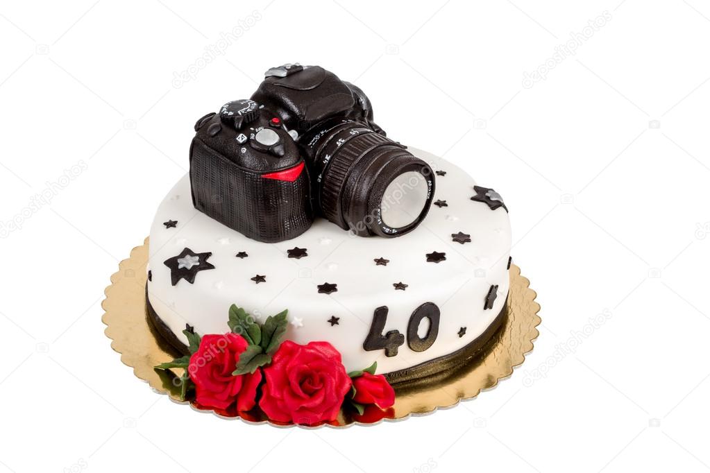 birthday cake for forty anniversary with modern DSLR photo camera