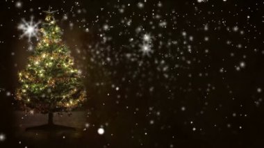 Retro arka plan, sarı ve yeşil toplar ile kar ile dekore edilmiş Noel ağacı