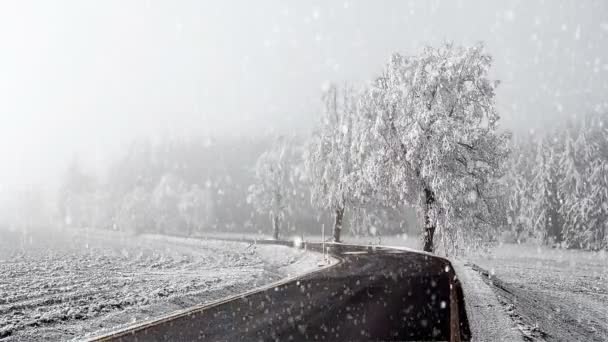 ländliche Winterstraße geht in den Nebel mit Schnee, Weihnachtsszene Hintergrund