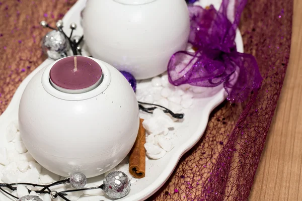 House decoration with aromatic candle violet color — Stock Photo, Image