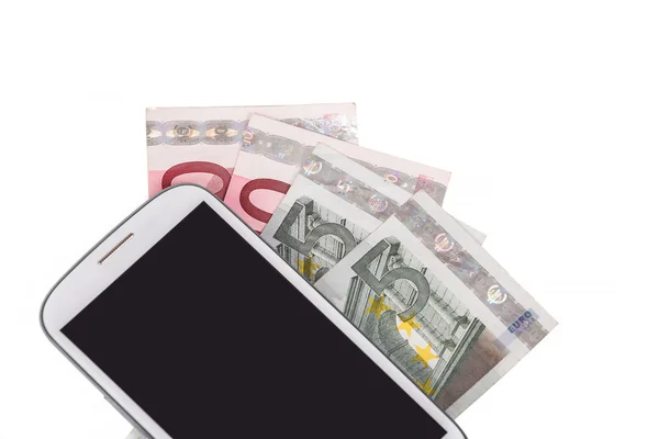 Cellphone and money on white — Stock Photo, Image