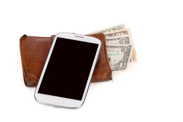 Handy und Geld auf weiß — Stockfoto