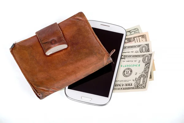 Cellphone and money on white — Stock Photo, Image