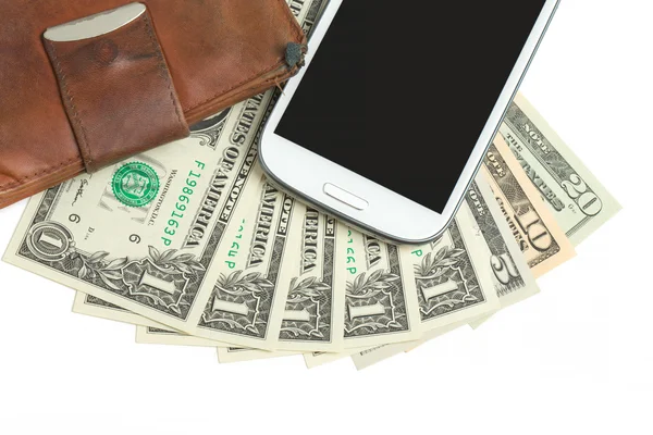 Téléphone portable et argent sur blanc — Photo