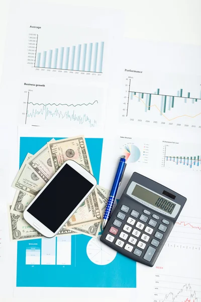 USA dollar money banknotes, calculator and mobile phone — Stock Photo, Image