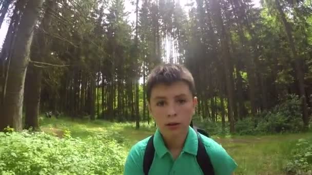 Adolescente a piedi sulla foresta selfie girato — Video Stock