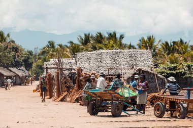 Maroantsetra, Madagaskar - 18 Ekim 2016: Yerel halk, el arabası ve kırsal bir köydeki geleneksel sazlık kulübelerinin yanındaki tozlu bir sokakta toplandı.