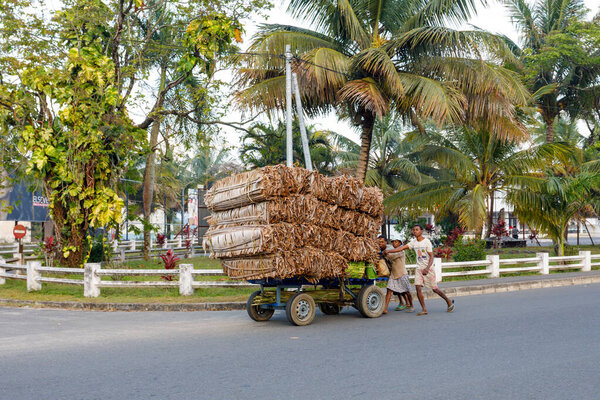 Тоамасина, Мадагаскар - 18 октября 2016: Три местных жителя напрягаются, чтобы толкнуть сильно перегруженную тележку из тканых ковров или пальмовых листьев вдоль городской улицы в прибрежном городе.