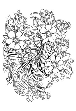 Kuş ve çiçek. Siyah ve beyaz çizim doodle