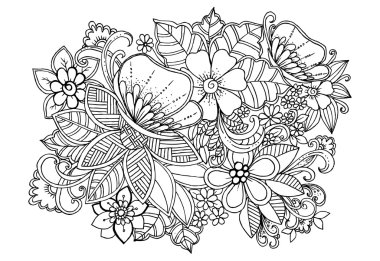 Tropikal vahşi yaşam. Çiçekler ve kelebekler üzerinde beyaz arka planda siyah çizgiler.