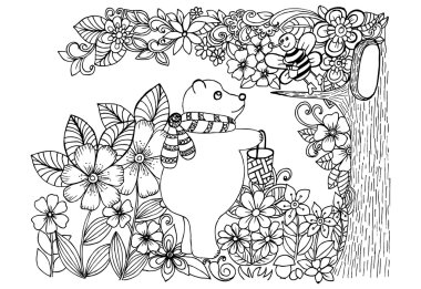 Sihirli bir ormandaki arı ve ayı çizim doodle