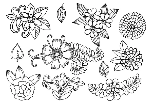 Conjunto de elementos florais doodle para design ou coloração —  Vetores de Stock