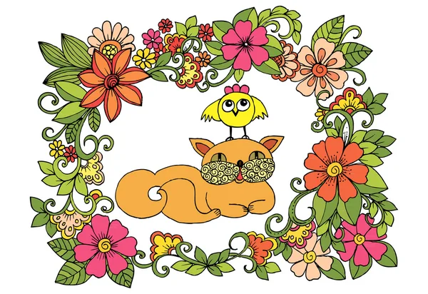 Cat, chicken and flowers. Little frends. — Stock Vector