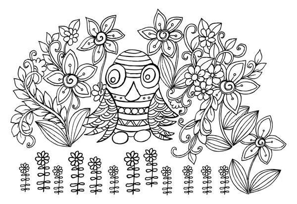 Eule und Blumen. Doodle Schwarz-Weiß-Zeichnung — Stockvektor