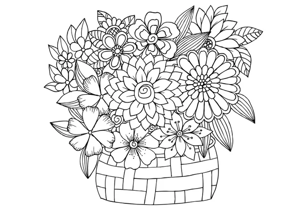 Ahşap sepet içinde çiçekli buket. Vektör doodle çiçek resim