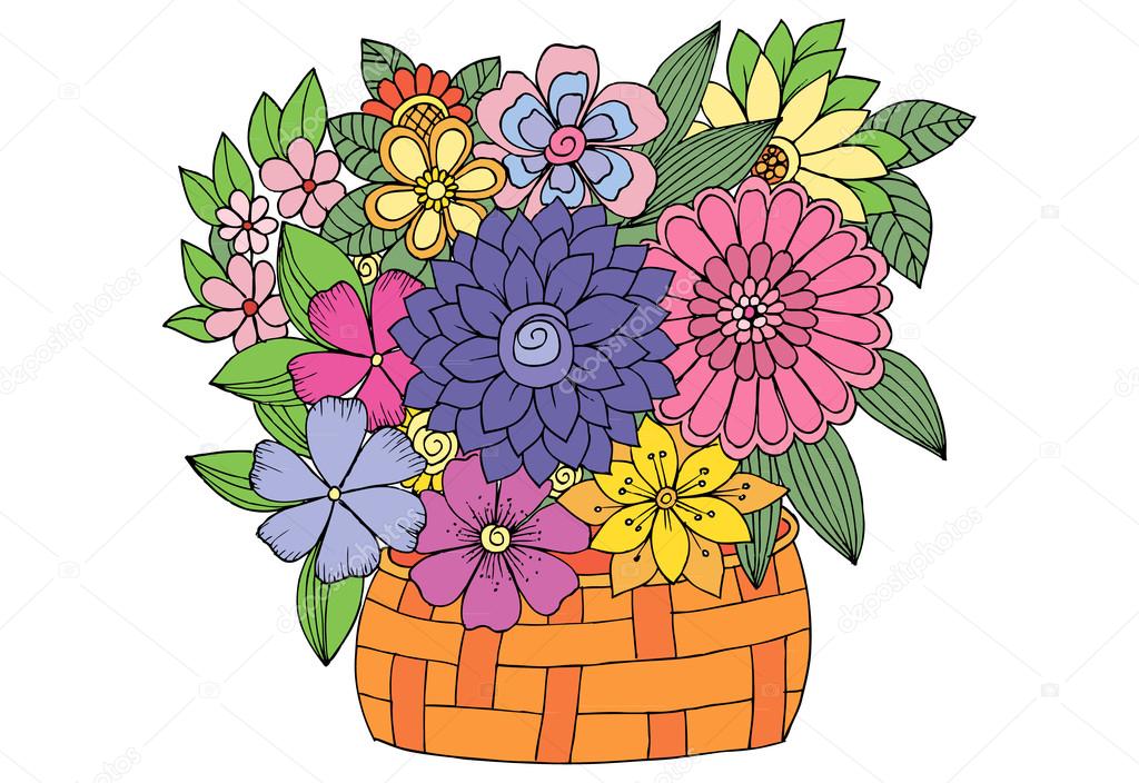 Bouquet of flowers in a wood basket. Vector doodle floral image