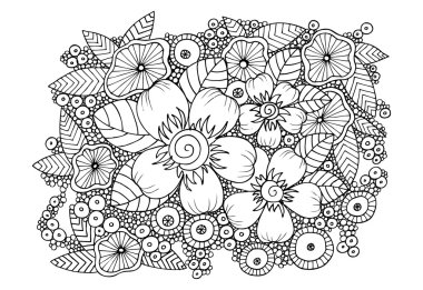 Doodle çiçek desenli siyah ve beyaz. Boyama kitabı sayfası