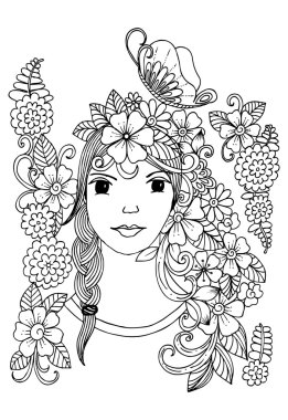 Vektör çiçek doodle ve kızın yüzü siyah ve beyaz için adu