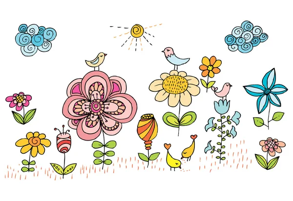 Crianças desenho de flores e pássaros . — Vetor de Stock