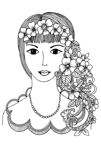 Vektor virág doodle, és a lány fekete-fehér — Stock Vector