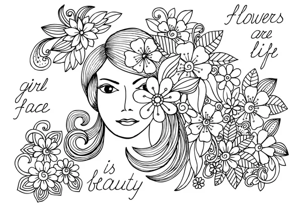 Vector bloemen doodle en meisje in zwart-wit — Stockvector