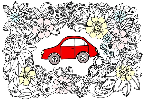 Vector doodle moldura da flor e um carro vermelho no centro — Vetor de Stock
