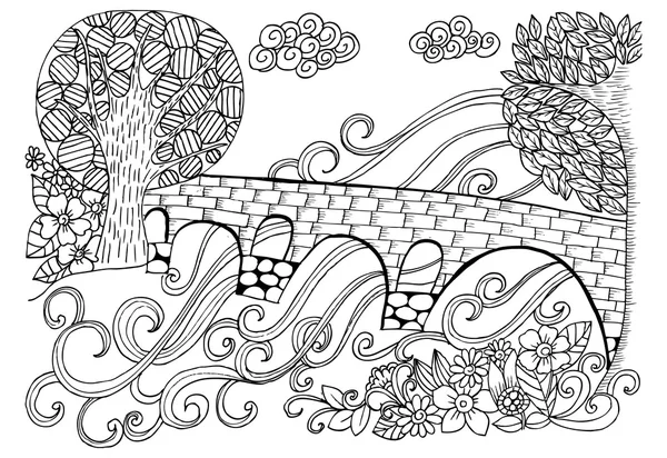 Desenho de doodle para colorir livro. Ponte através do rio —  Vetores de Stock