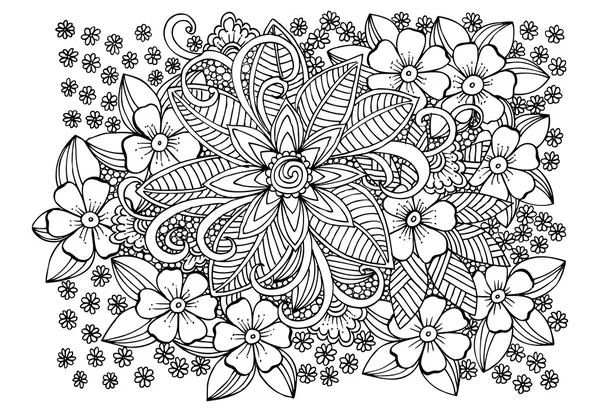 Motivo floreale Doodle in bianco e nero. Pagina per libro da colorare — Vettoriale Stock