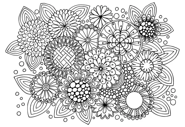 Patrón floral Doodle en blanco y negro. Página para colorear libro — Vector de stock