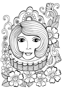 Vektör çiçek doodle ve siyah beyaz kız