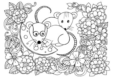 Komik fareler peynir bir doodle çiçek üzerinde