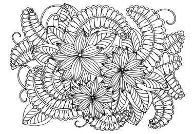 Doodle çiçek desenli siyah ve beyaz. Boyama kitabı sayfası