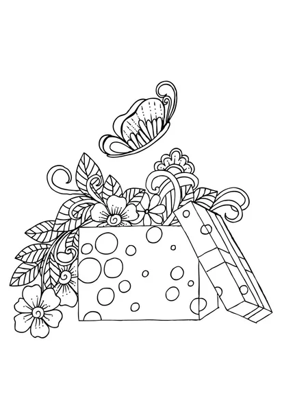 Doodle van bloemen en vlinder in geschenkdoos — Stockvector