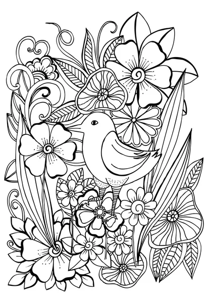 Fågel och blommor. Doodle svartvita ritning — Stock vektor