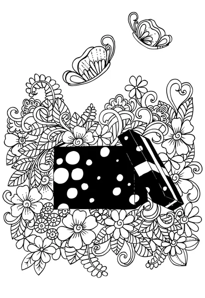 Doodle λουλούδια και πεταλούδα σε κουτί δώρου — Διανυσματικό Αρχείο
