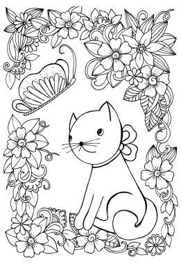 Kedi etrafında çerçeve çiçek vektör doodle