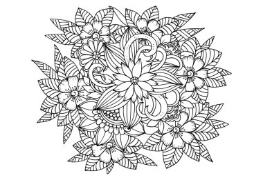 Doodle çiçek desenli siyah ve beyaz. Boyama kitabı sayfası