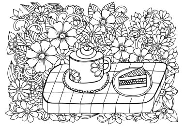 Doodle tatlılar ve çiçekler. Vektör görüntü çok lezzetli bir kek