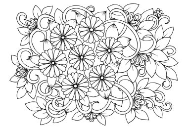 Doodle çiçek desenli siyah ve beyaz. Boyama kitabı sayfası
