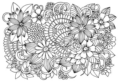 Doodle çiçek desenli siyah ve beyaz. Boyama kitabı sayfası