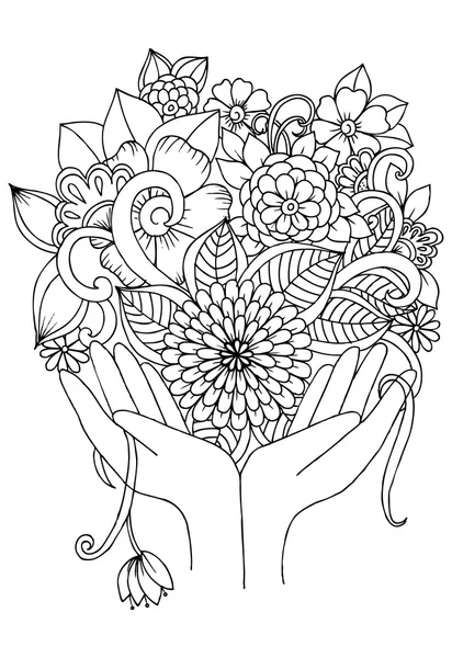 Manos de dibujo con flores de garabato — Vector de stock