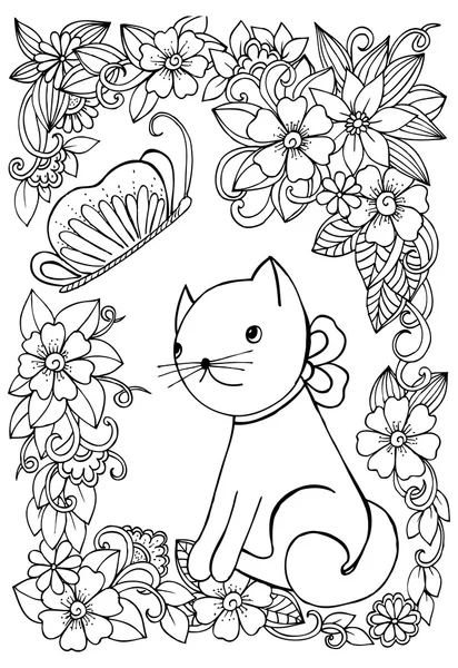 Vector doodle floral frame around the cat — Stock Vector