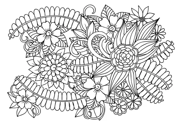 Doodle květinovým vzorem v černé a bílé. Stránka pro omalovánky — Stockový vektor