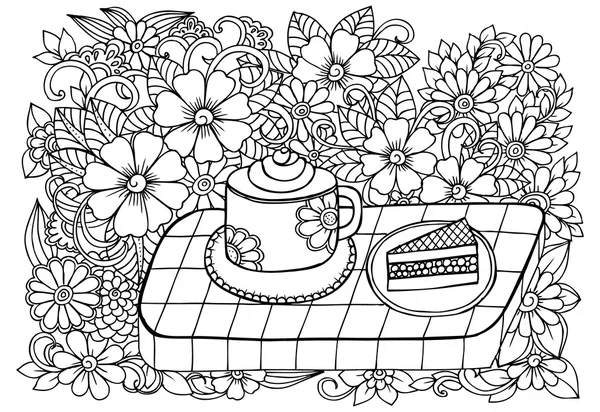 Doodle doces e flores. Imagem vetorial de bolos muito saborosos — Vetor de Stock