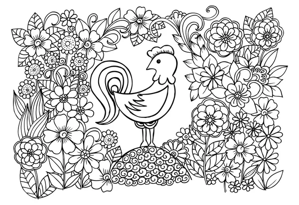 Pták a květiny. Doodle černá a bílá kresba — Stockový vektor