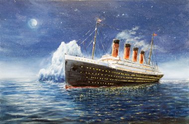 Original oil painting of Titanic and iceberg in ocean at night on canvas.Full moon and stars.Modern Impressionism clipart